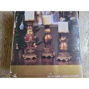 Kirklands Home Pillar Candle Holder Set Of 3 Christmas Red Gold Santa Snowman